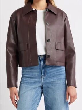 Mango Dark Brown Cropped Vegan Leather Jacket